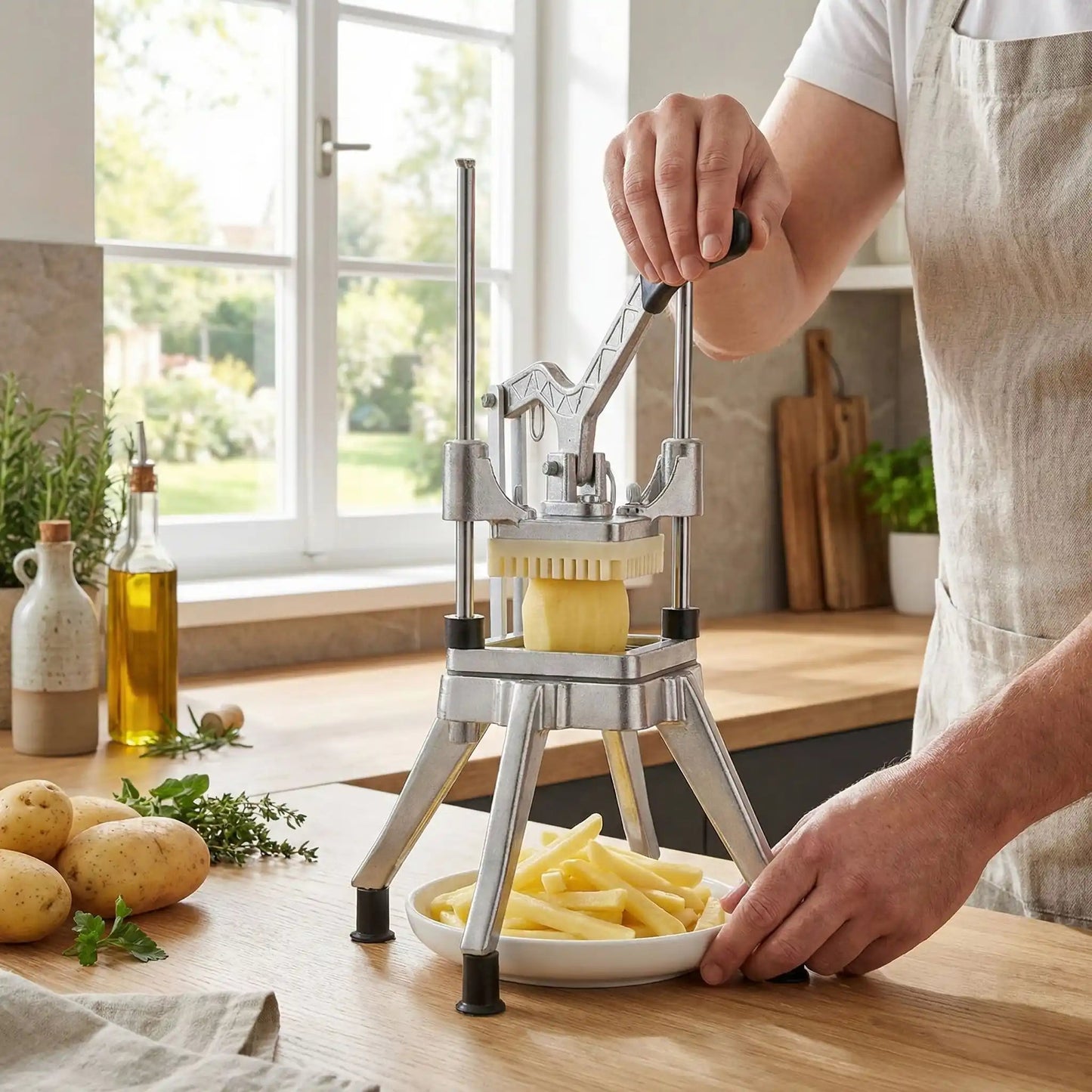 Coupe frite professionnel femme coupant une pomme de terre