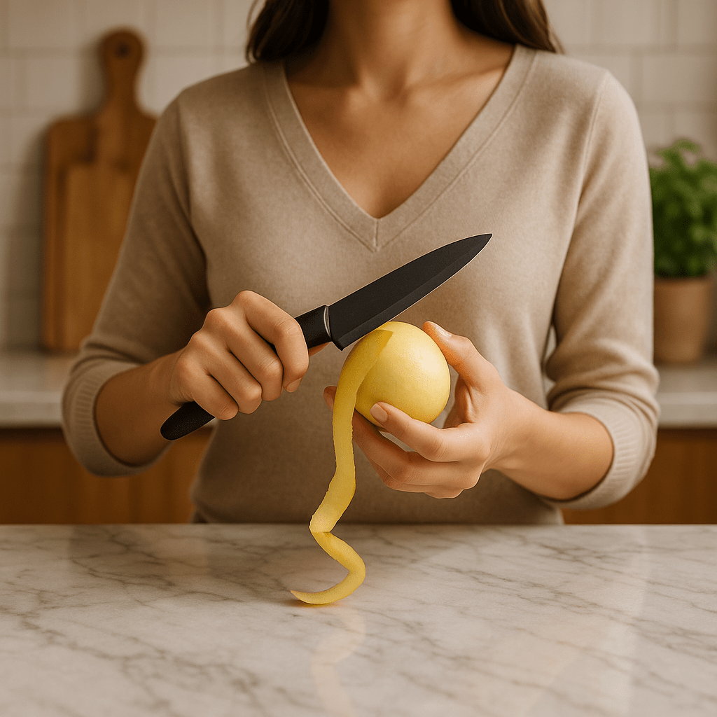 couteau ceramique femme épluchant une pomme