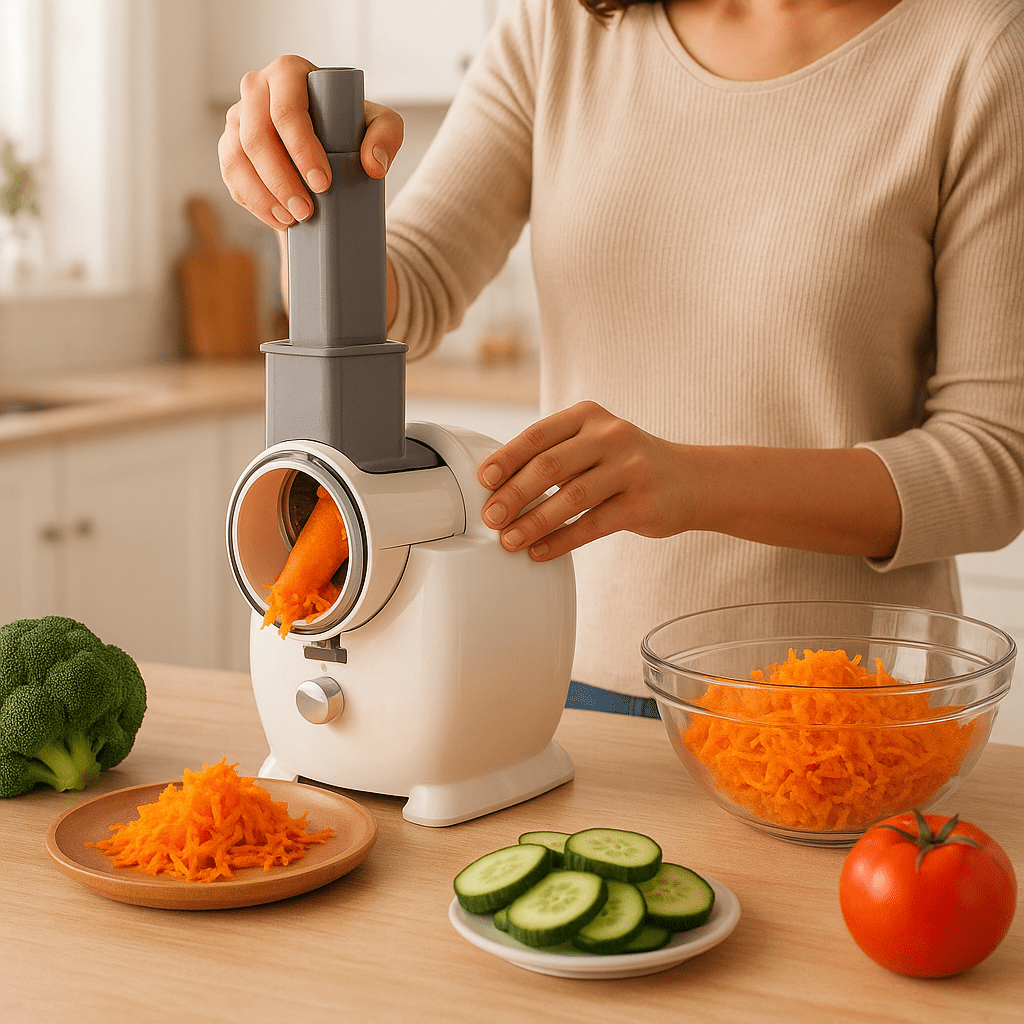 râpe à légumes électrique femme se servant de l'appareil