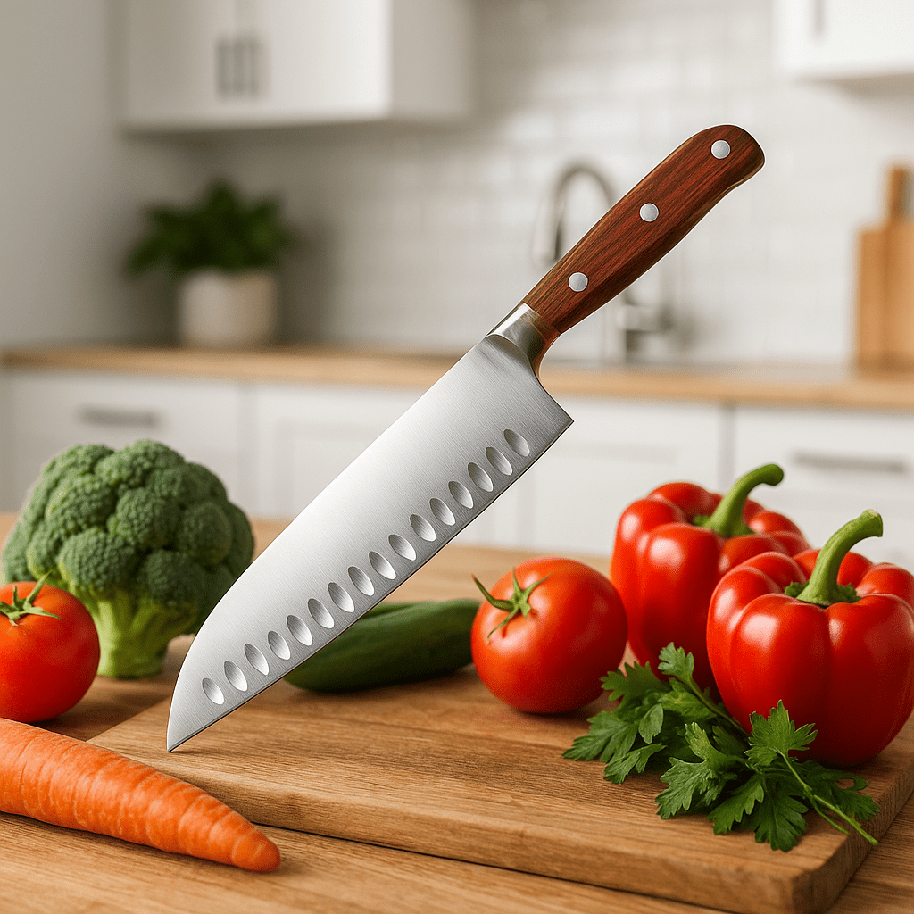 santoku couteau dans une cuisine avec des légumes