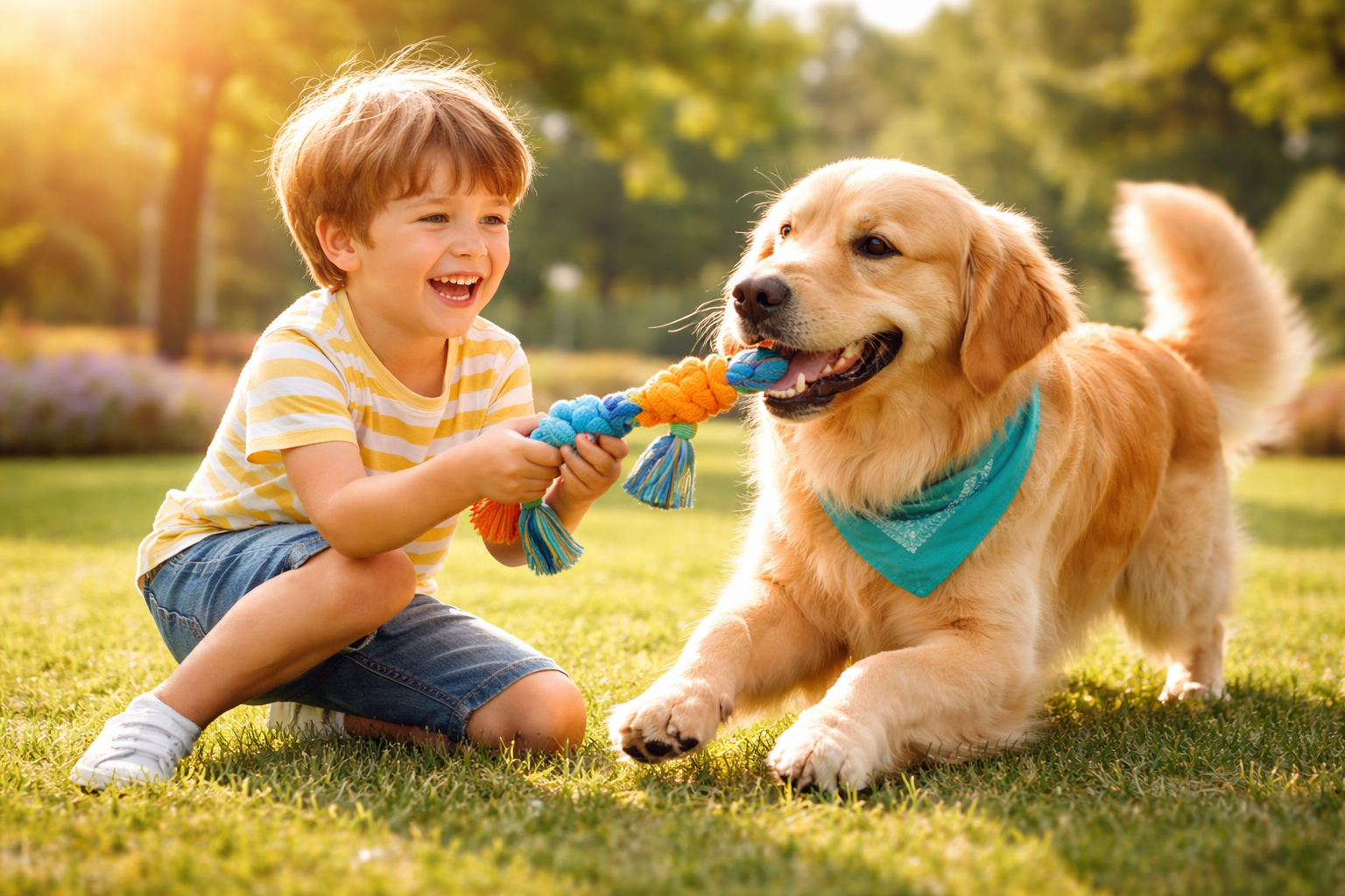 Un garçon qui joue avec son chien
