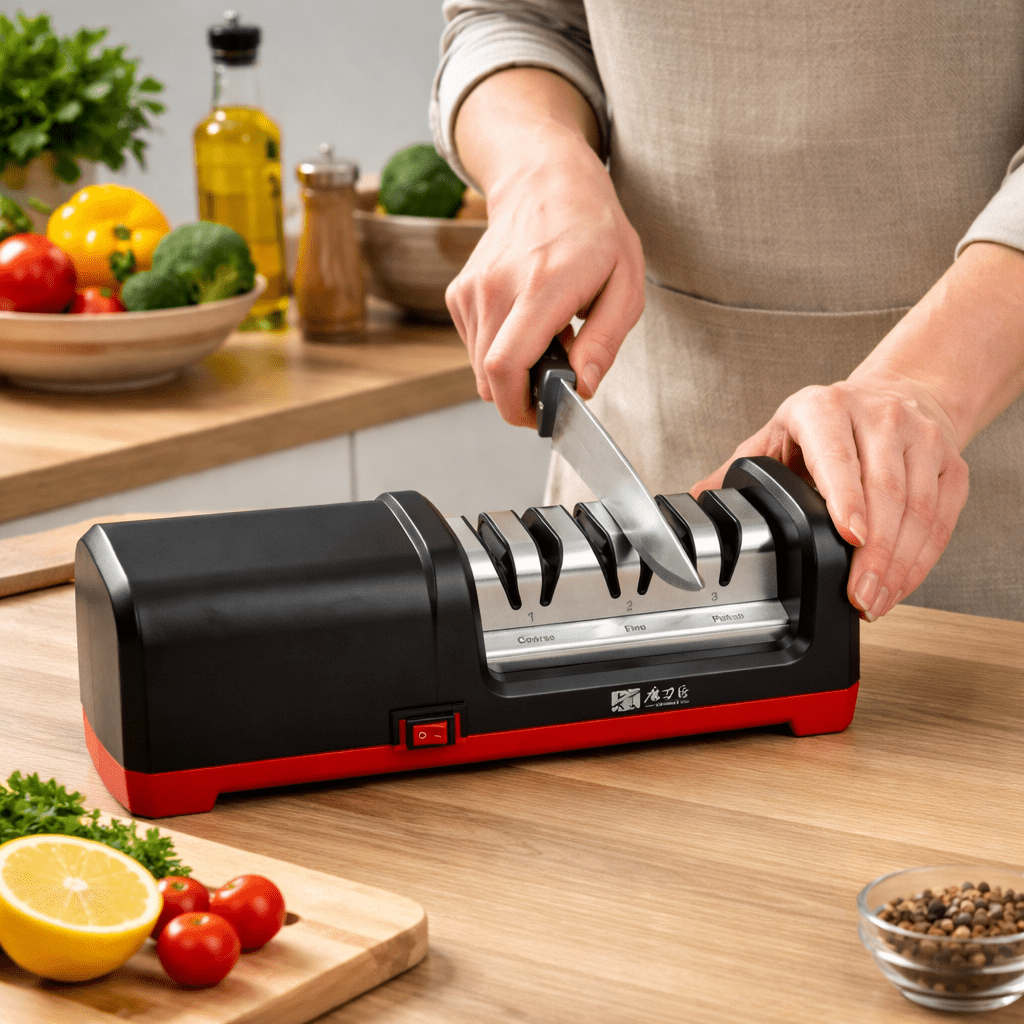 Aiguiseur à couteaux électrique posé sur une table de cuisine 