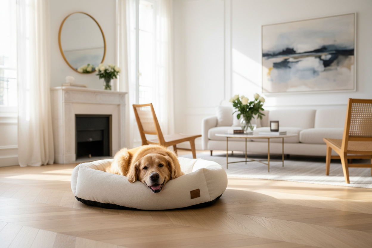 Chien dans un panier blanc