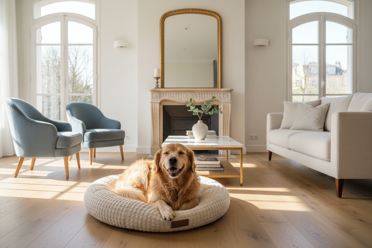 chien sur son coussin dans un intérieur cosy