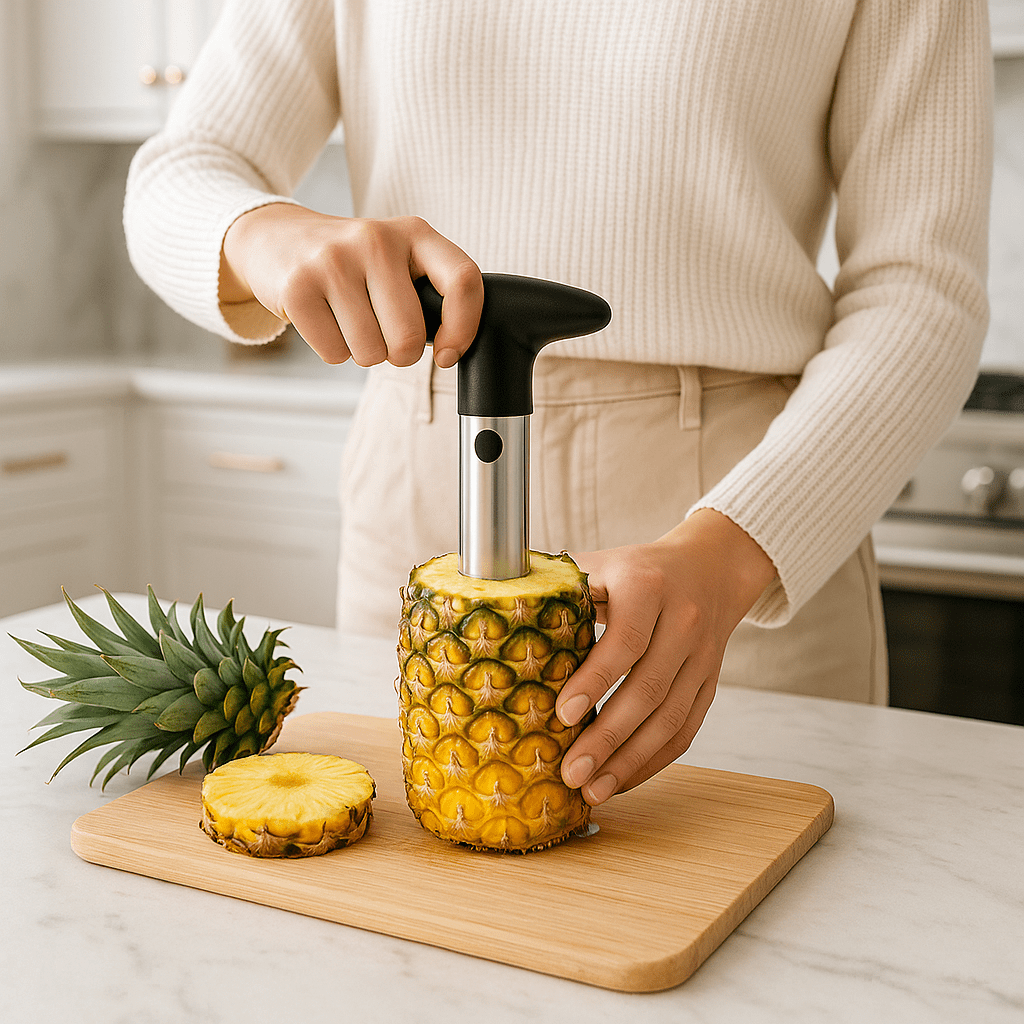 Coupe ananas femme vidant l'intérieur de l'ananas