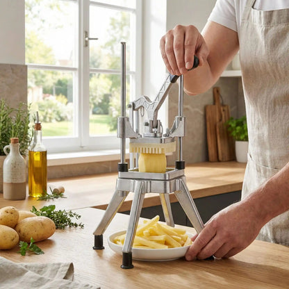 Coupe frite professionnel femme coupant une pomme de terre