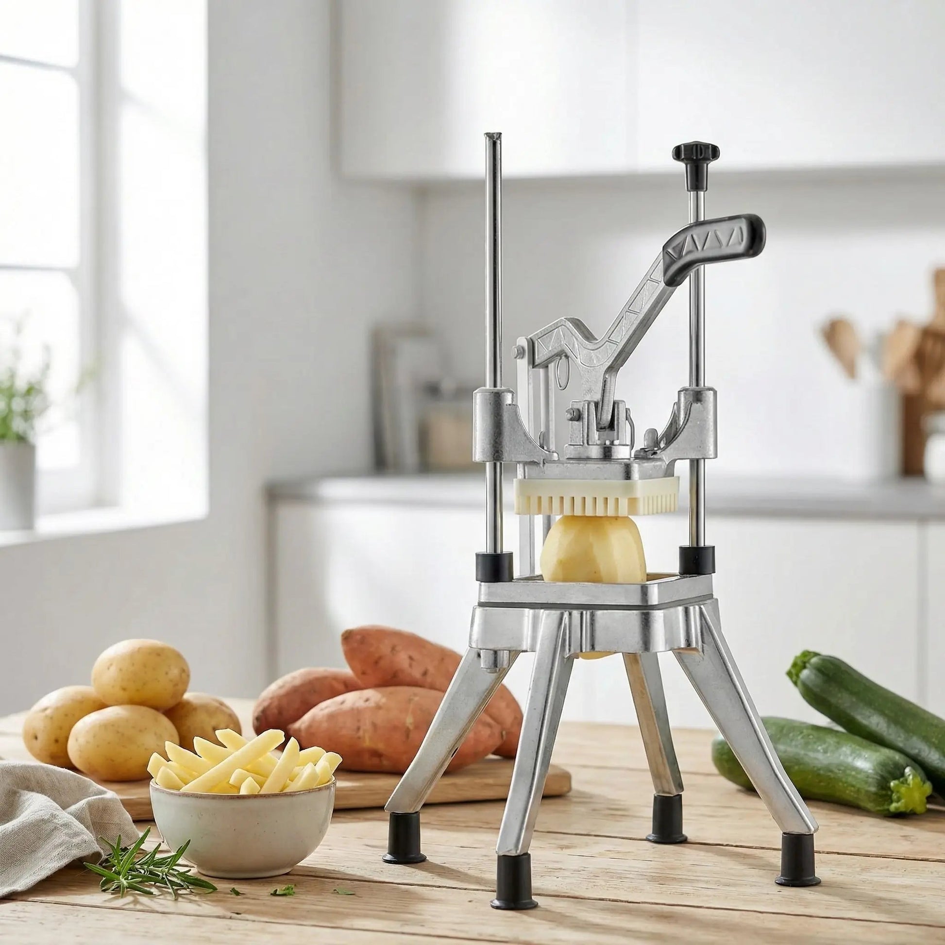 Coupe frite professionnel posé sur une table de cuisine avec des légumes autour
