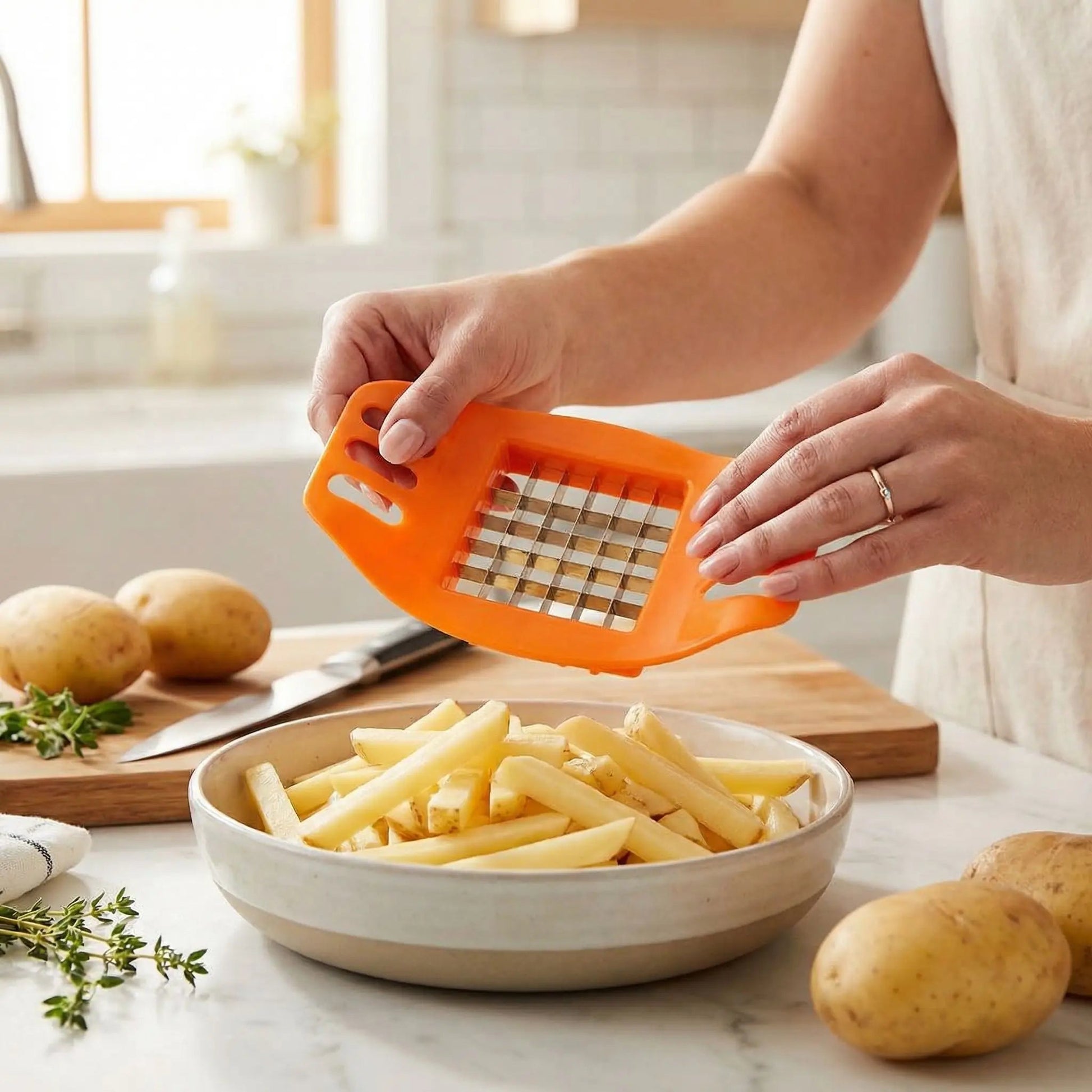 Coupe frites  FryCutter tenu au-dessus d'une assiette