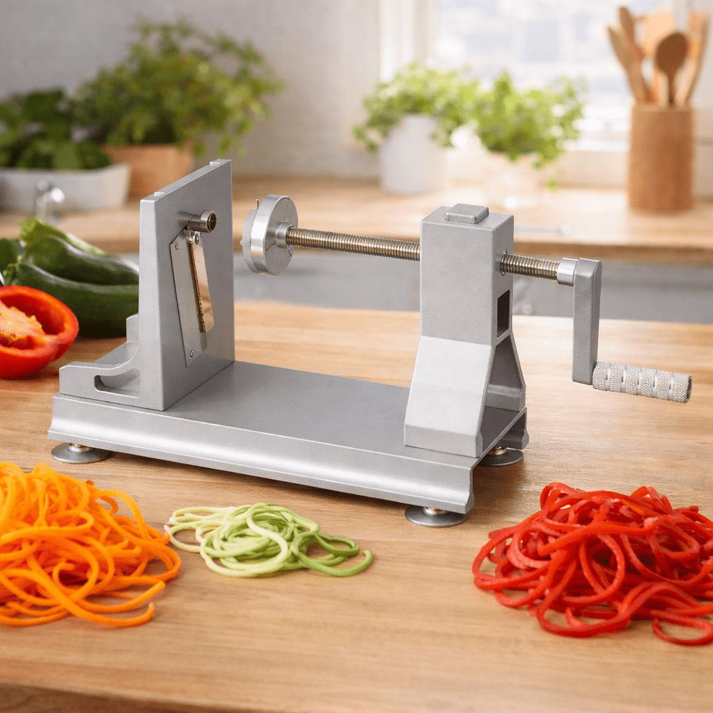 coupe légumes sur table avec aliments en spaghetti