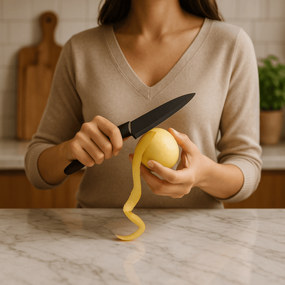 couteau ceramique femme épluchant une pomme