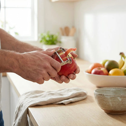 Econome homme épluchant un fruit dans une cuisine
