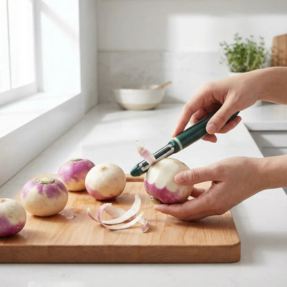 économe personne épluchant un navet dans une cuisine