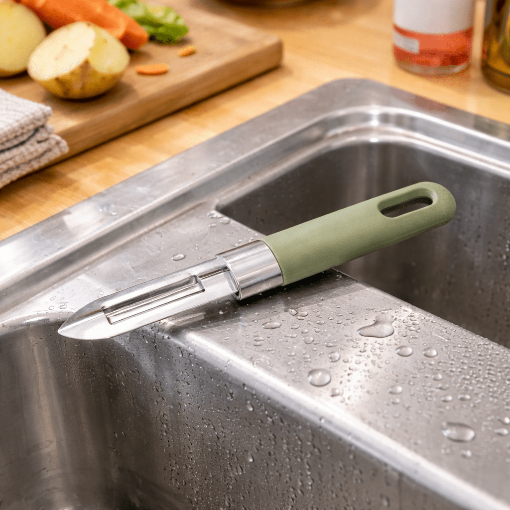 économe posé sur le bord d'un évier