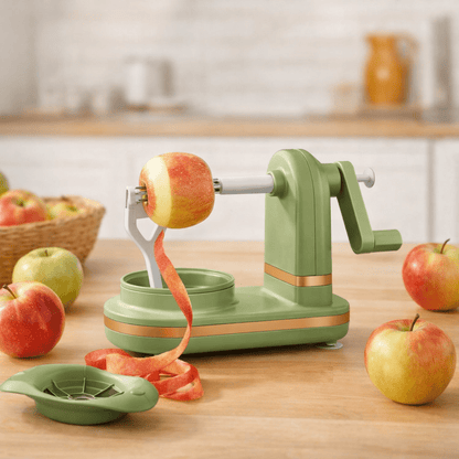 éplucheur à pomme présenté sur une table avec des pommes