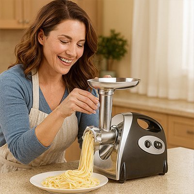 hachoir à viande électrique femme préparant des pâtes