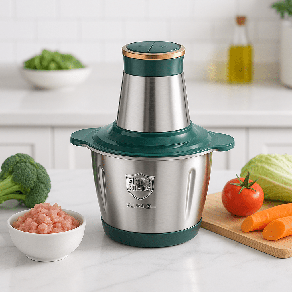 hachoir électrique avec des aliments posés autour