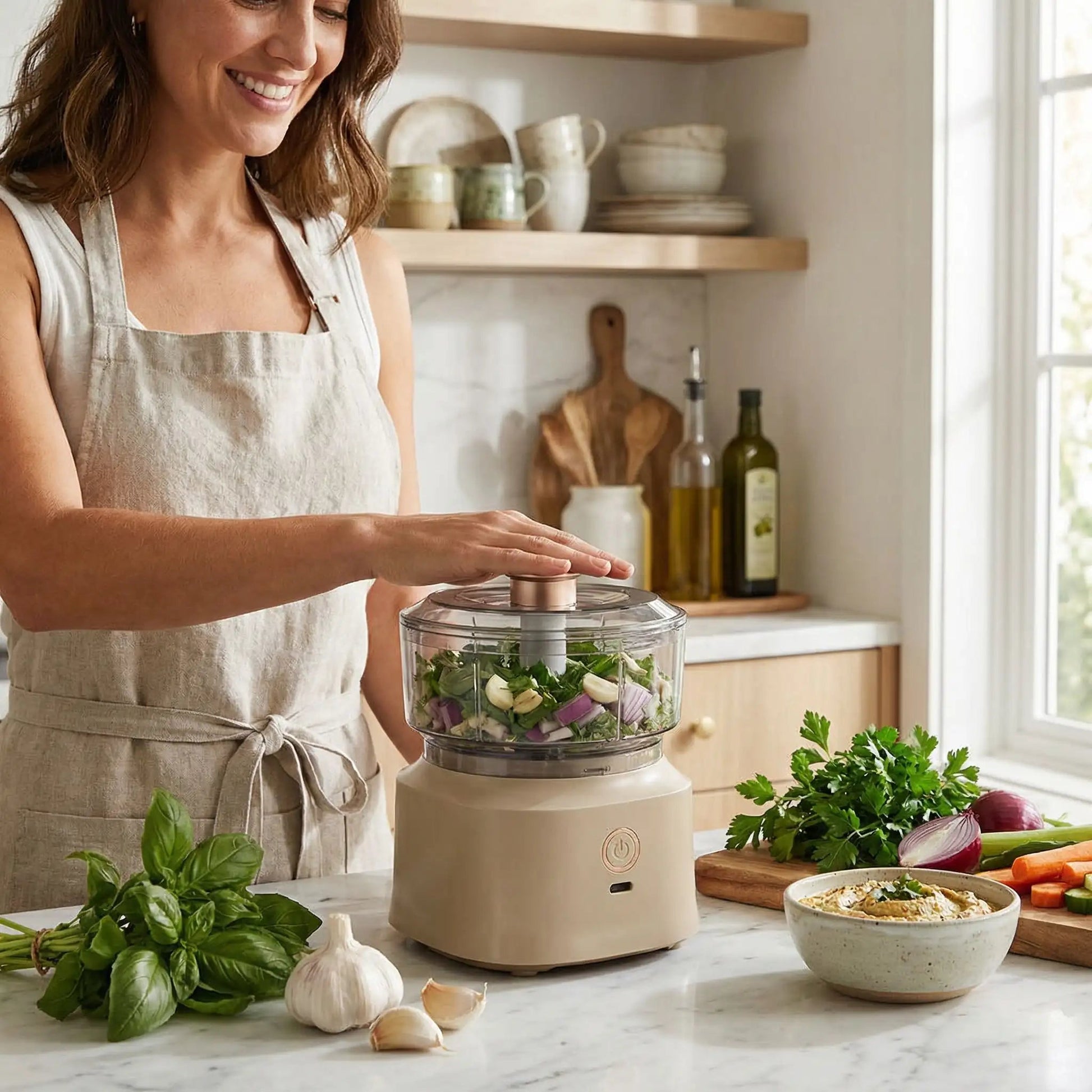 hachoir électrique femme appuyant sur appareil