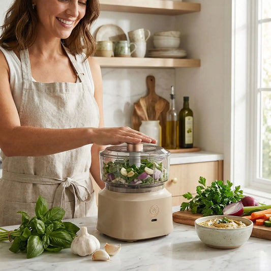 hachoir électrique femme appuyant sur appareil