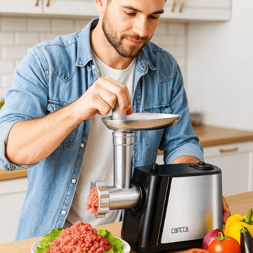 hachoir électrique homme hachant de la viande
