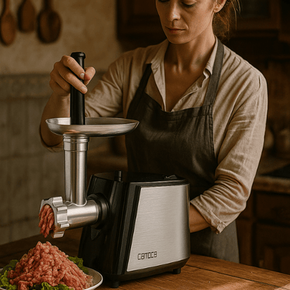 hachoir électrique utilisé par une femme dans une cuisine ancienne