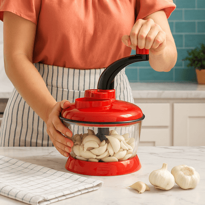 Hachoir manuel femme utilisant l'appareil dans cuisine