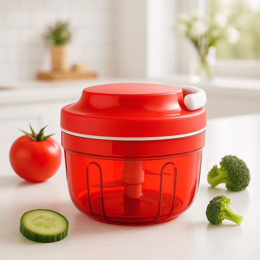 hachoir manuel rouge avec des legumes autour dans une cuisine