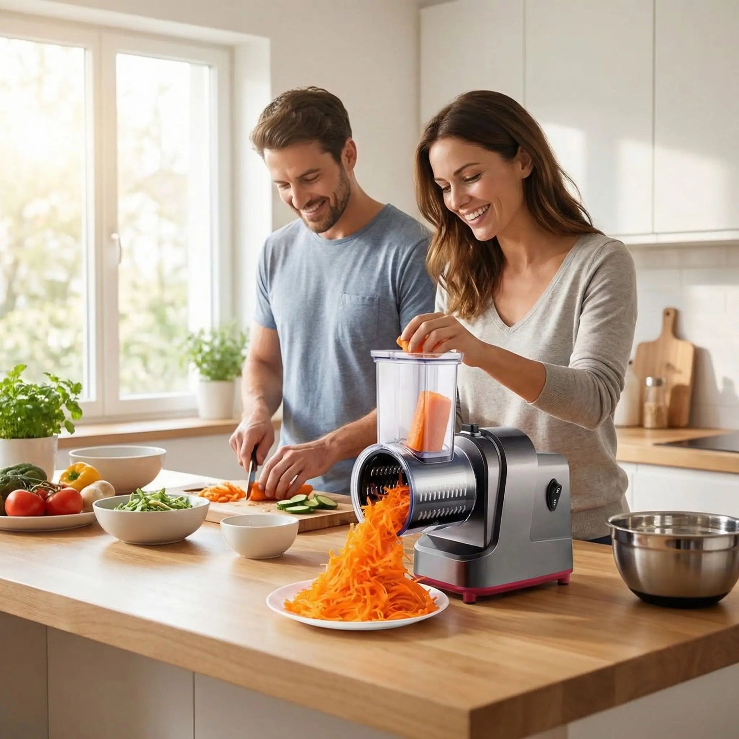 râpe à légumes électrique couple cuisinant en cuisine