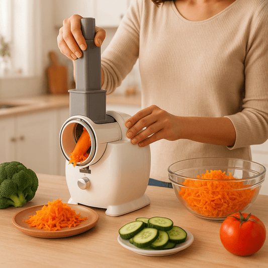 râpe à légumes électrique femme se servant de l'appareil